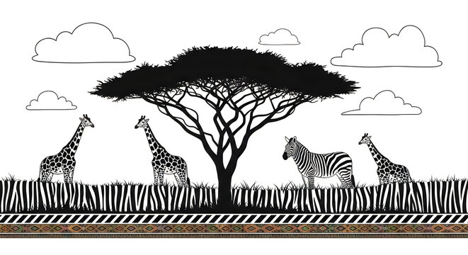 A majestic giraffe stands tall in a serene African wilderness with zebras