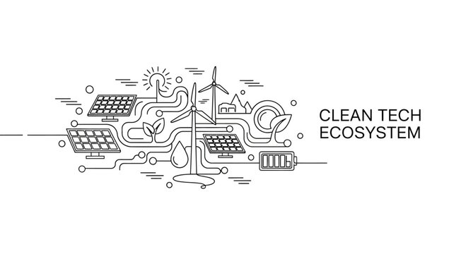 Clean tech ecosystem concept with solar panels and wind turbines line art illustration.