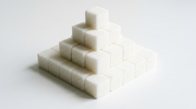 Pyramid stack of white refined sugar cubes on a clean white background, conceptualizing high calorie intake or unhealthy diet.