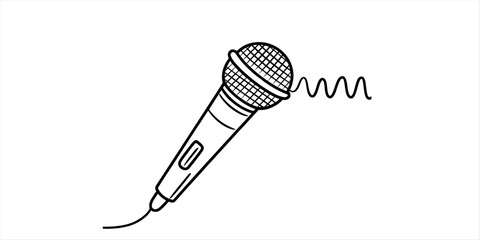 A simple black and white line drawing of a classic handheld vocal microphone with a cord attached Vector, illustration © Kanu Art_Gallery