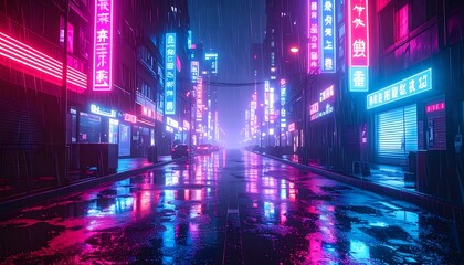 Obraz premium A futuristic neon-lit city street at night with wet pavement