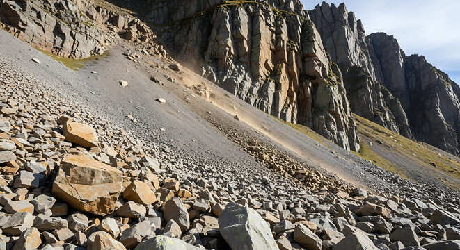 Rocky landscape with cliff face and mountain slope in daylight