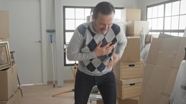 Man clutching chest for heartattack amid cardboard boxes and a fallen package in building; panic emergency help needed.