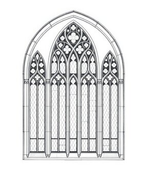 Gothic triple lancet window design with trefoil tracery and religious cross motifs