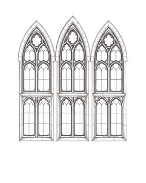 Detailed architectural plan of three Gothic windows with figural stained glass panels