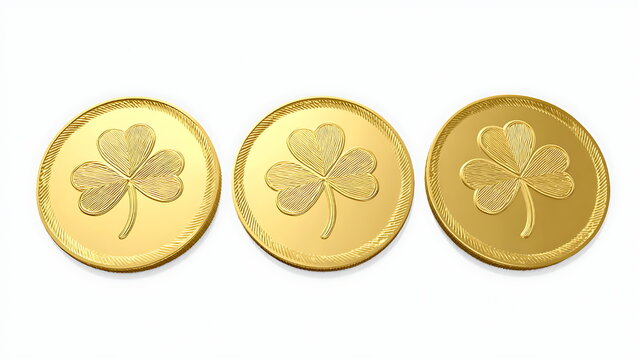Shiny gold coins with embossed clover leaf design.