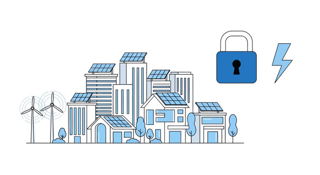 Smart city concept with renewable energy and secure power supply illustration.