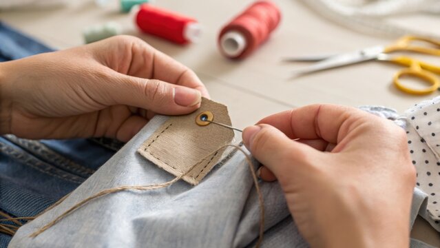 Close-up of hands sewing a denim garment with needle and thread, surrounded by sewing tools including scissors and spools of thread.