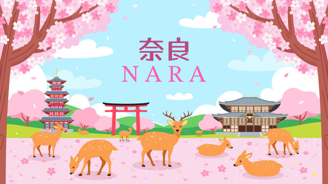 Nara Japan vector illustration. Beautiful Nara in Cherry Blossom season. Japanese character is " Nara "