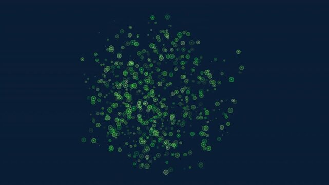 Glowing green circular particles drift and scatter across a dark blue background, forming an abstract scientific visualization for technology, biology, or data themes