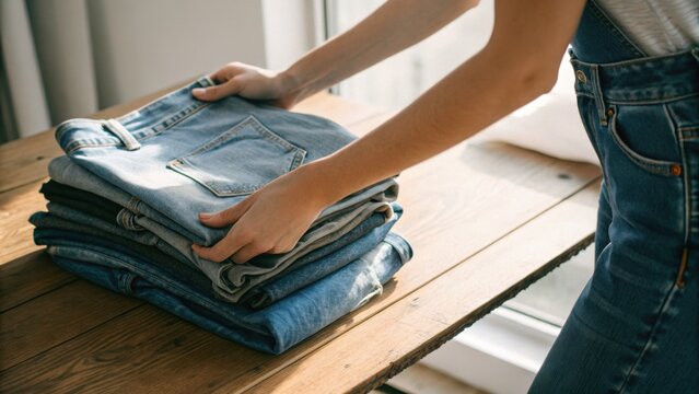 A person folding a stack of blue denim jeans on a wooden table near a window, showcasing casual fashion and textile texture.