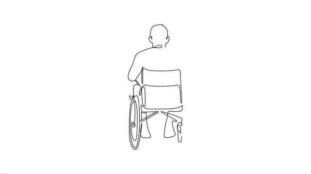 Back view of a man sitting in a wheelchair, minimalist line art animation.