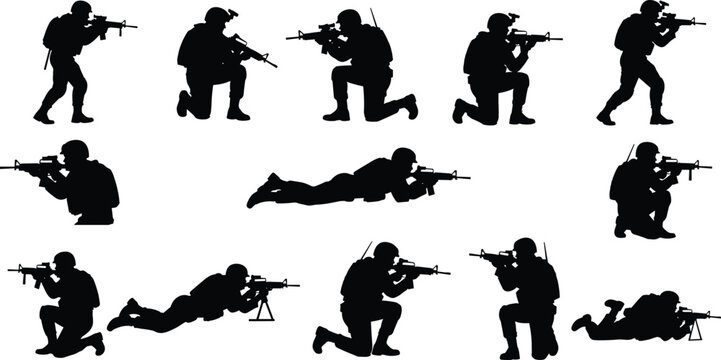 Military soldier silhouettes set showing tactical positions with rifles, combat actions, army training, defense concept isolated on white background