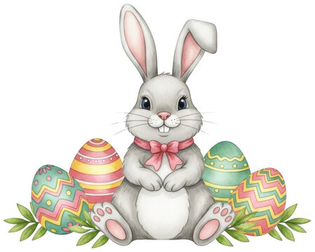 Cute Easter bunny png Watercolor rabbit cutout Joyful spring hare png Festive animal cutout Happy bunny illustration png Cartoon rabbit character cutout isolated transparent background image