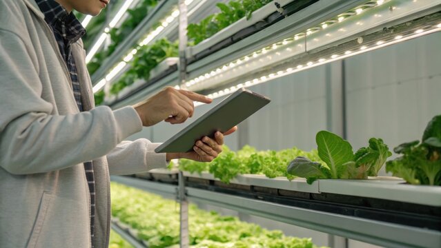 A person uses a tablet to monitor or manage plants growing on vertical shelves in a controlled indoor farming or hydroponic environment.