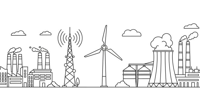 Industrial and energy landscape sketch with factory and wind turbine.