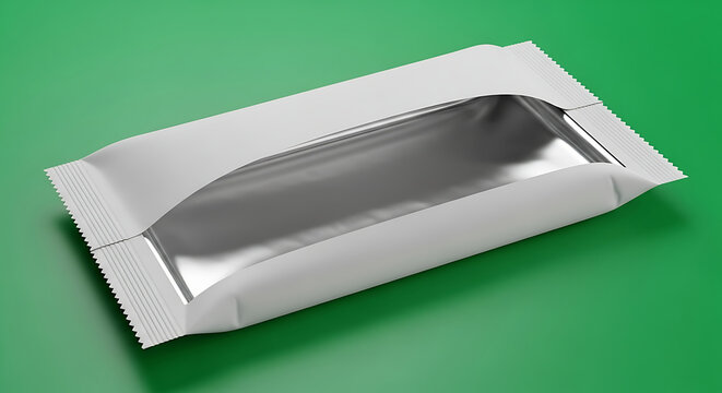Opened white candy wrapper on a green surface with silver interior.