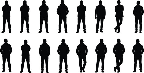 Standing male silhouette collection with different poses and casual outfits, full body people icons isolated on white background vector set © Jahanara