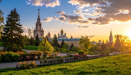 Fototapeta premium A serene landscape with a church and garden at sunset