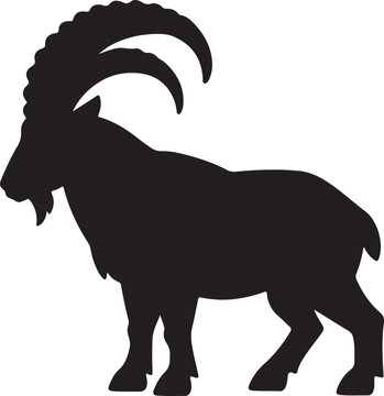 Black silhouette of a wild mountain ibex with large curved horns isolated on white Vector