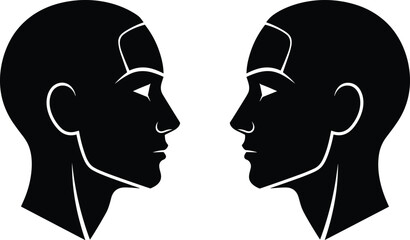 Human head profile silhouettes facing each other, male identity concept, side view faces isolated on white background © Jahanara