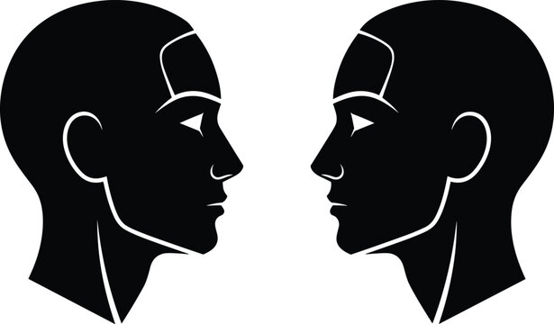 Human head profile silhouettes facing each other, male identity concept, side view faces isolated on white background
