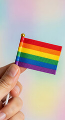 Fototapeta premium Hand holding small rainbow flag with golden ball on top, symbolizing pride and diversity, against blurred colorful background, perfect for inclusion