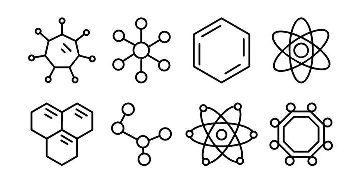 Set of chemical and molecular structures diagrams isolated on transparent background