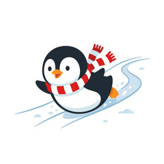 Fototapeta premium A cartoon penguin wearing a red and white scarf and mittens slides down a snowy slope on its belly.