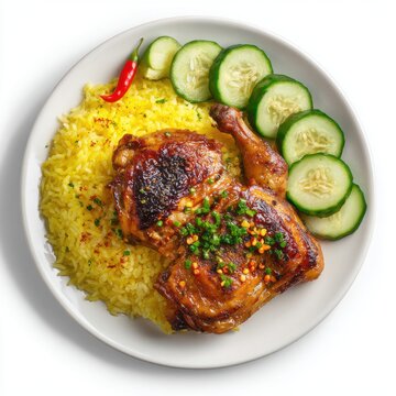 Inasal na manok with chili garlic rice and pickled cucumber isolated on a white background