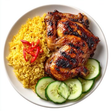 Inasal na manok with chili garlic rice and pickled cucumber isolated on a white background