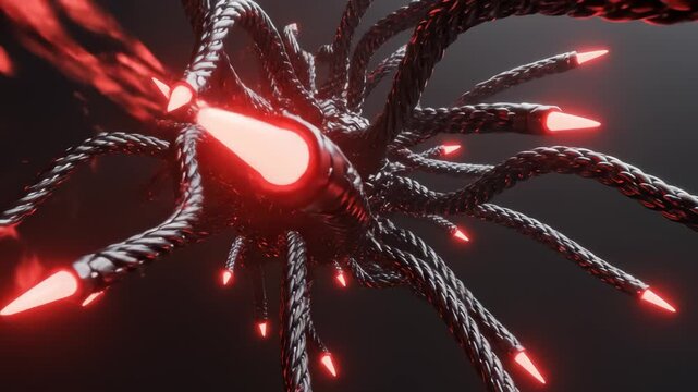 Abstract mechanical creature with black metallic tentacles and glowing red laser needles floating in dark atmosphere.