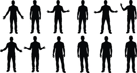 Silhouettes of standing human figures in multiple expressive poses, showcasing diverse gestures, stances, and body language for design and illustration use © Jahanara