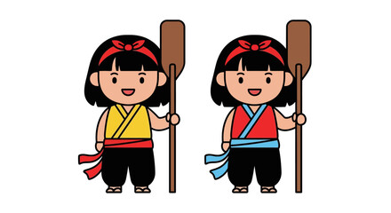 Two cute chibi boat rowers in traditional clothing holding wooden paddles. © Puput_Kinasih
