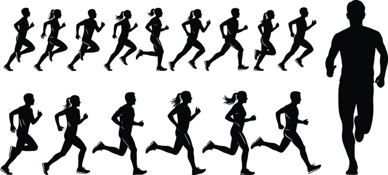 Running people silhouettes set featuring men and women jogging in different poses, fitness training and active lifestyle concept isolated