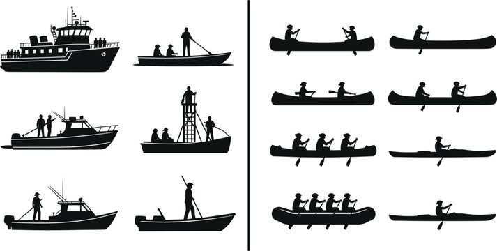 Boat and canoe silhouette collection featuring fishing vessels, paddlers, maritime transport, outdoor adventure scenes isolated on white background vector illustration
