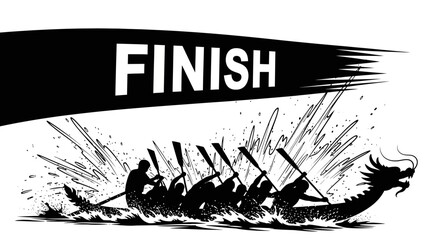 Black and white silhouette illustration of a dragon boat racing team crossing the finish line. © Puput_Kinasih