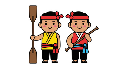 Two cute cartoon boat rowers wearing traditional headbands and clothing. © Puput_Kinasih