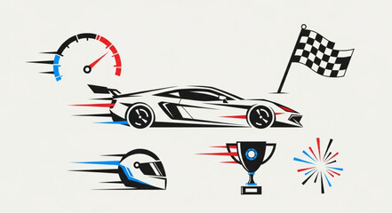 Racing car speed meter helmet checkered flag trophy and fireworks. © Anik