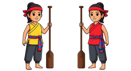 Two young Thai traditional rowers with wooden paddles in cartoon style. © Puput_Kinasih