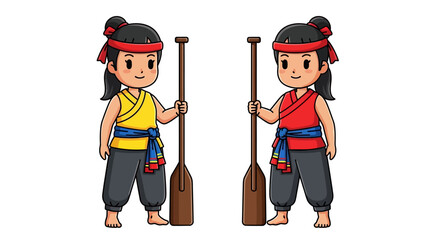 Two Cute Cartoon Thai Rowers Wearing Traditional Costumes with Paddles. © Puput_Kinasih