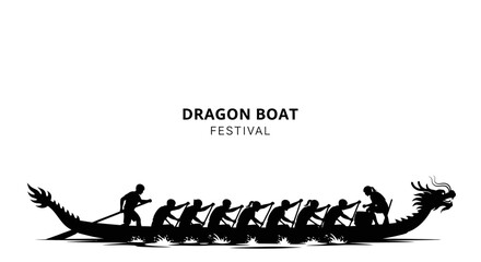 Silhouette illustration of a traditional Chinese dragon boat racing team with rowers. © Puput_Kinasih
