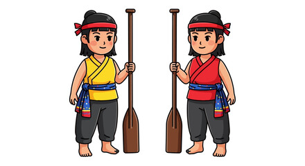 Illustration of two young traditional Thai rowers with wooden oars. © Puput_Kinasih