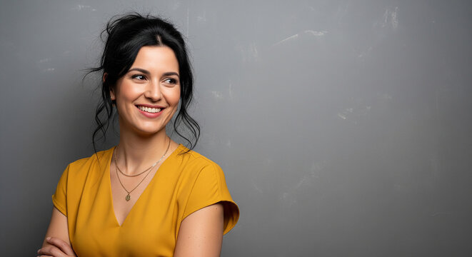 Attractive corporate profile of a confident businesswoman in a yellow shirt perfect for modern business and career networking