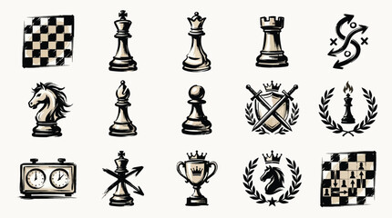 A collection of hand-drawn chess-themed icons and symbols, including chess pieces, a chessboard, a trophy, and a chess clock. © Renald