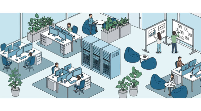 Isometric modern office interior with people working at desks and collaborative workspace
