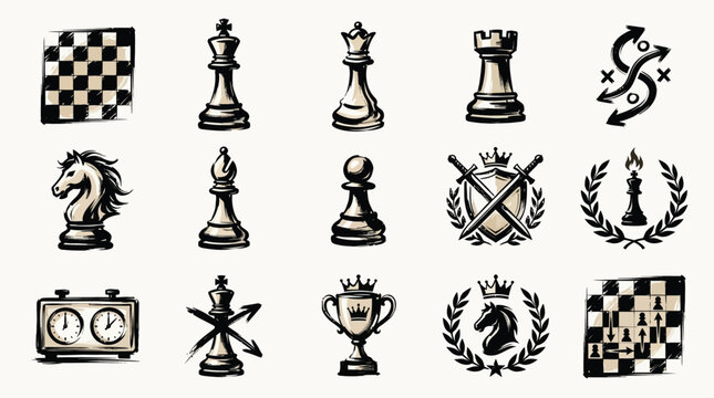 A collection of hand-drawn chess-themed icons and symbols, including chess pieces, a chessboard, a trophy, and a chess clock.
