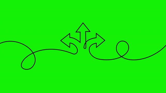 Animated three-way directional arrow path on green screen for business strategy and navigation