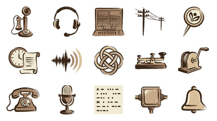 A collection of vintage communication devices and symbols, including telephones, headphones, microphones, and telegraph equipment. © Renald