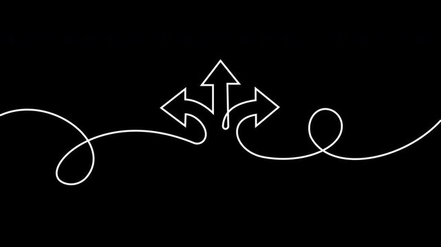Animated triple arrow path minimalist white line on black background, animation direction